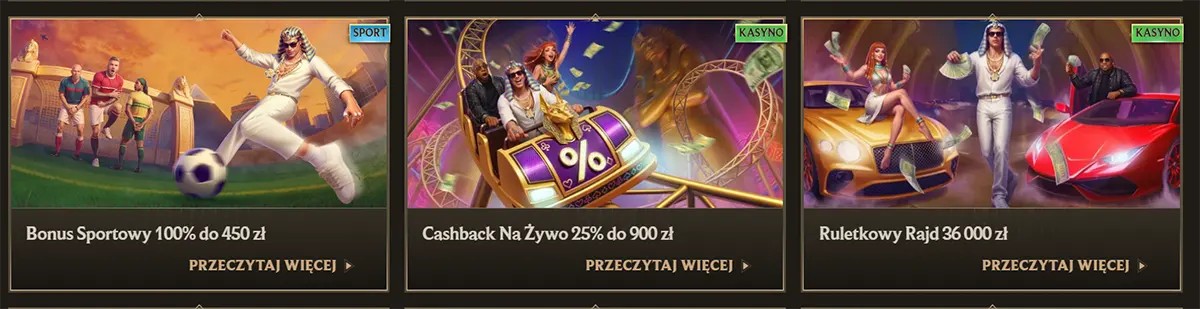 Polish casino and sports promo cards featuring a 100% sports bonus up to 450 zł, 25% live cashback up to 900 zł, and a roulette-themed promotion worth 36,000 zł, each with luxury-style artwork and “Przeczytaj więcej” links on a dark gold interface.