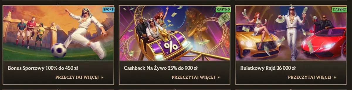 Polish casino and sports promo cards featuring a 100% sports bonus up to 450 zł, 25% live cashback up to 900 zł, and a roulette-themed promotion worth 36,000 zł, each with luxury-style artwork and “Przeczytaj więcej” links on a dark gold interface.