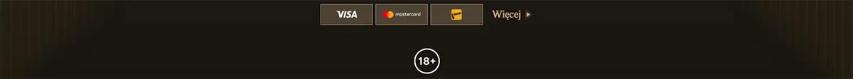Payment methods footer with Visa, Mastercard, and Maestro icons, a “Więcej” link, and an 18+ badge centered on a dark background.