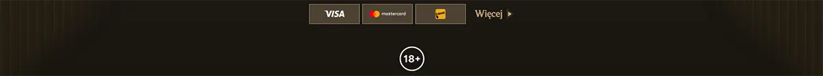 Payment methods footer with Visa, Mastercard, and Maestro icons, a “Więcej” link, and an 18+ badge centered on a dark background.