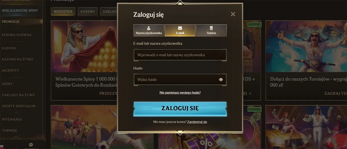 Polish casino login popup with username, email, and phone sign-in tabs, email or username and password fields, forgot password link, a bright blue “Zaloguj się” button, and a registration prompt on a dark gold promotions page.