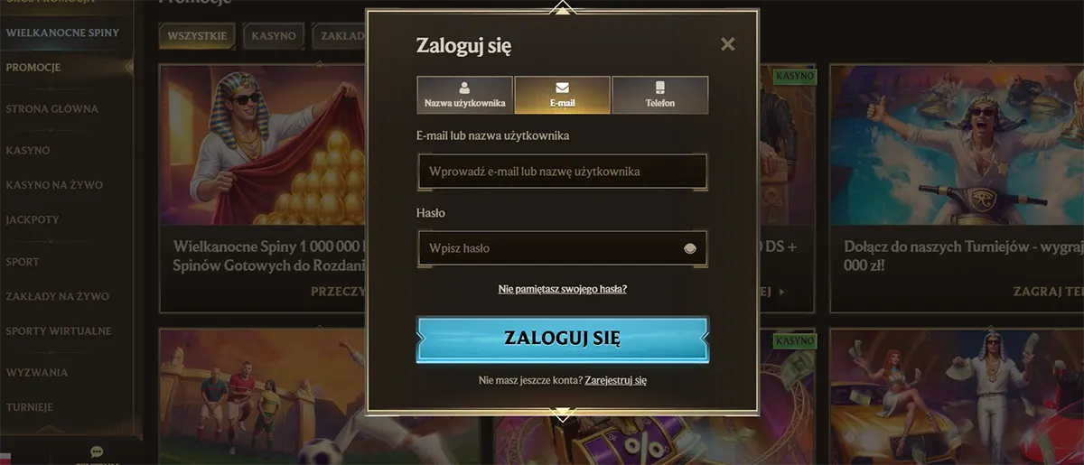 Polish casino login popup with username, email, and phone sign-in tabs, email or username and password fields, forgot password link, a bright blue “Zaloguj się” button, and a registration prompt on a dark gold promotions page.